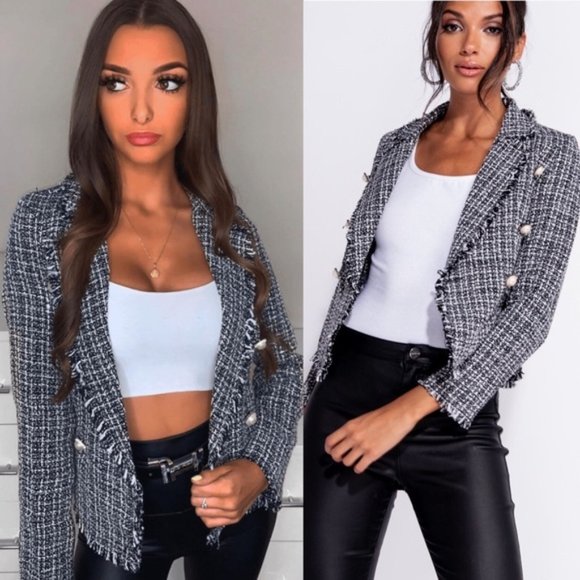 Trist Black & White Pearl Detail Tweed Blazer - Picture 11 of 11